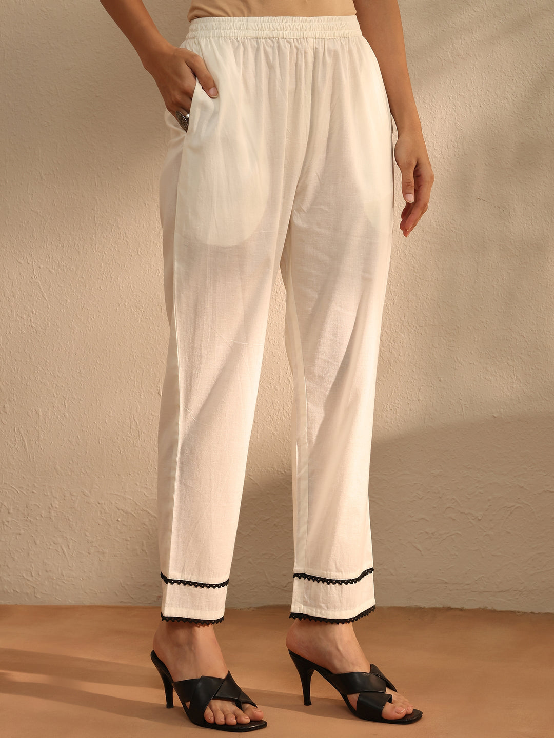 White Striped Woven Design Cotton Blend A-Line Suit Set With Dupatta