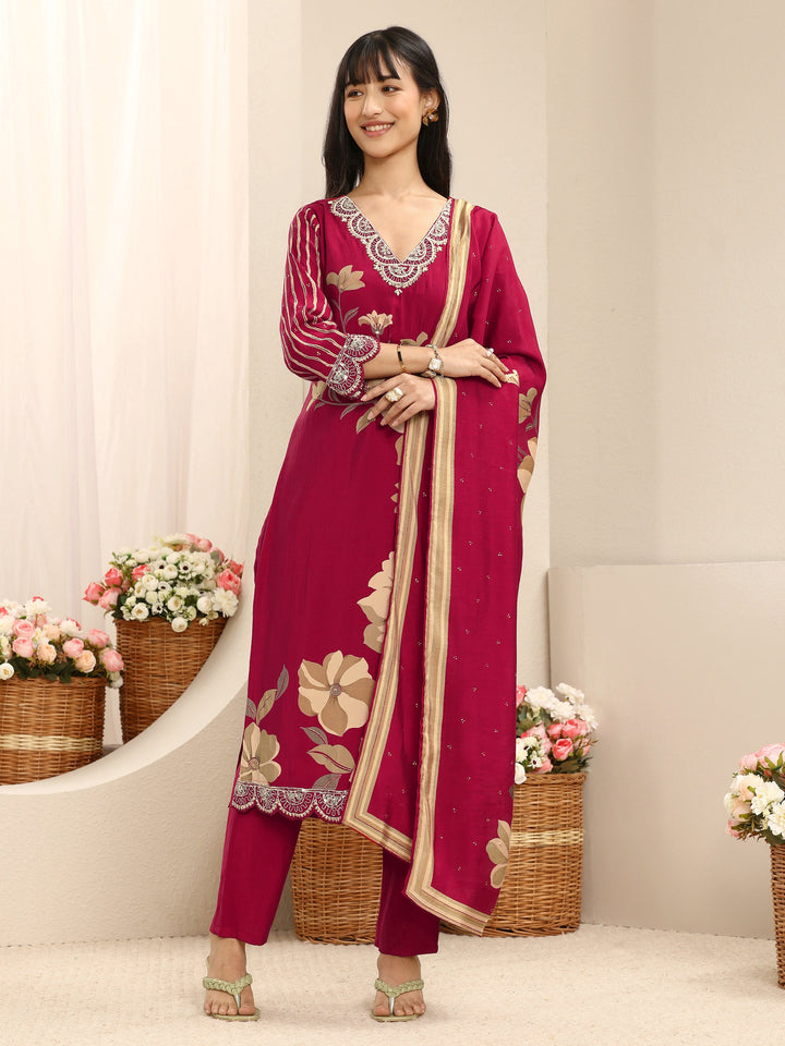 Red Floral Printed Silk Blend Straight Suit Set With Dupatta
