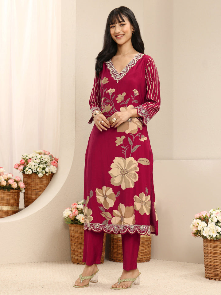 Red Floral Printed Silk Blend Straight Suit Set With Dupatta