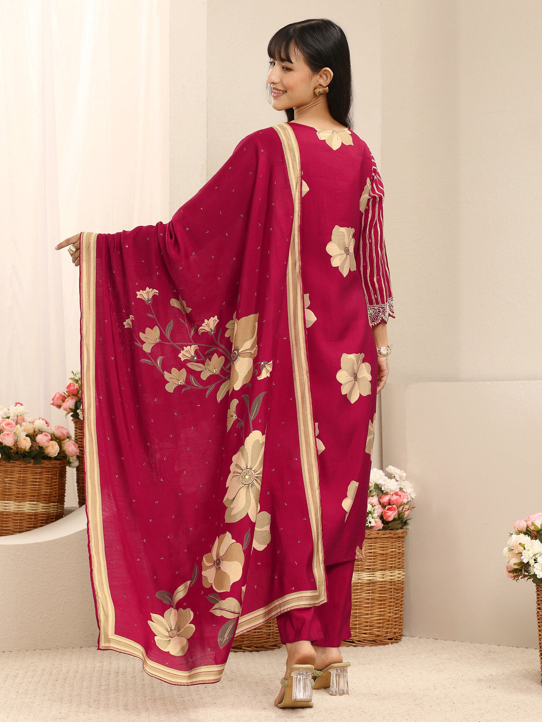 Red Floral Printed Silk Blend Straight Suit Set With Dupatta