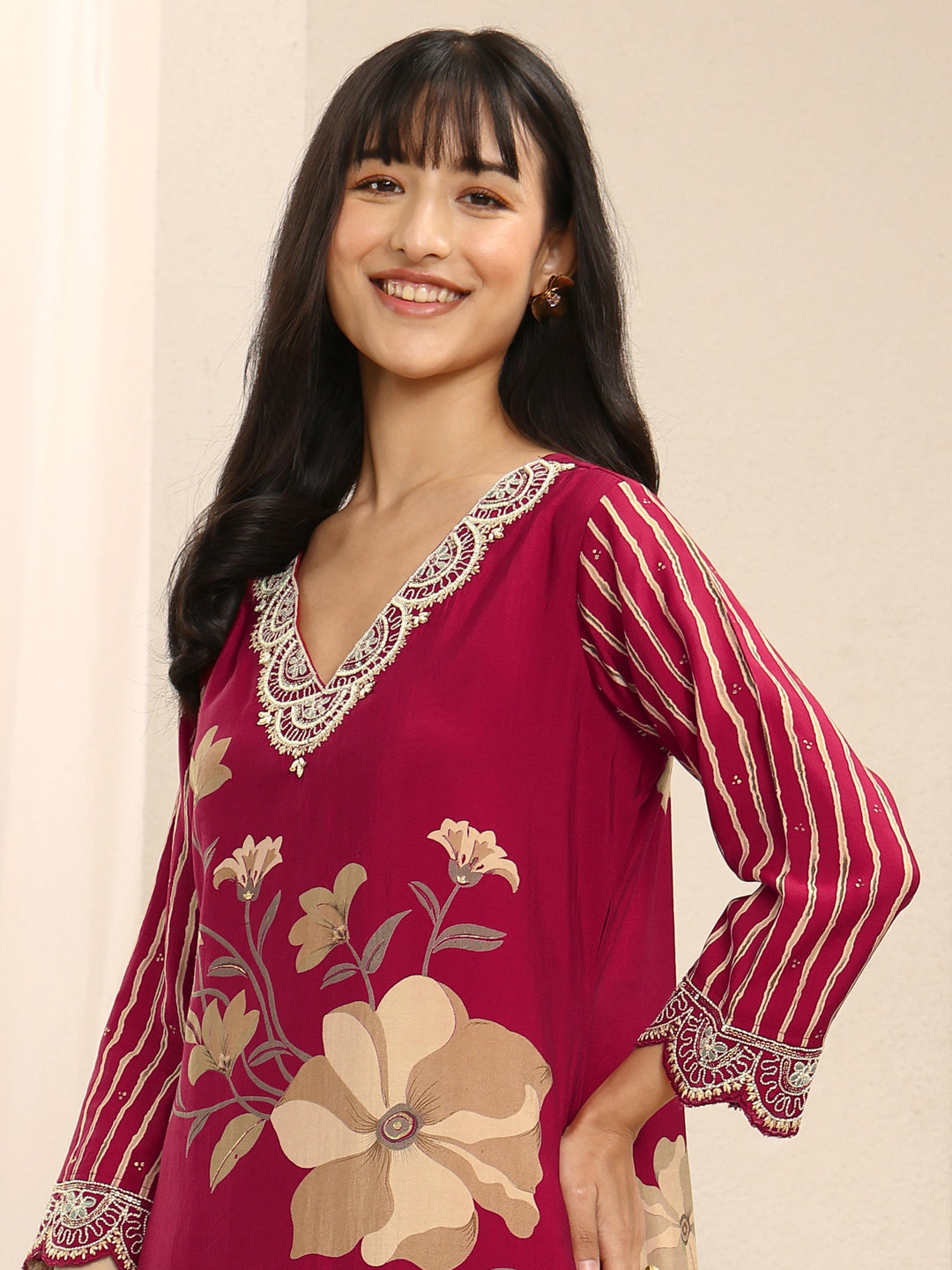 Red Floral Printed Silk Blend Straight Suit Set With Dupatta