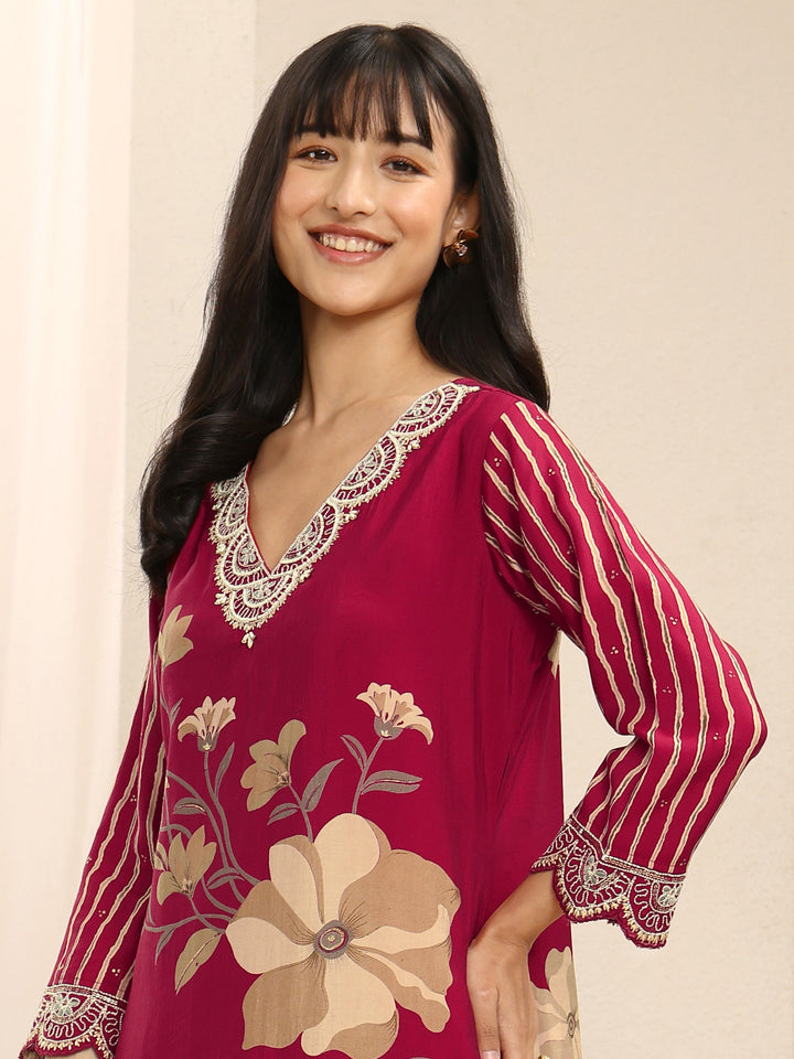 Red Floral Printed Silk Blend Straight Suit Set With Dupatta