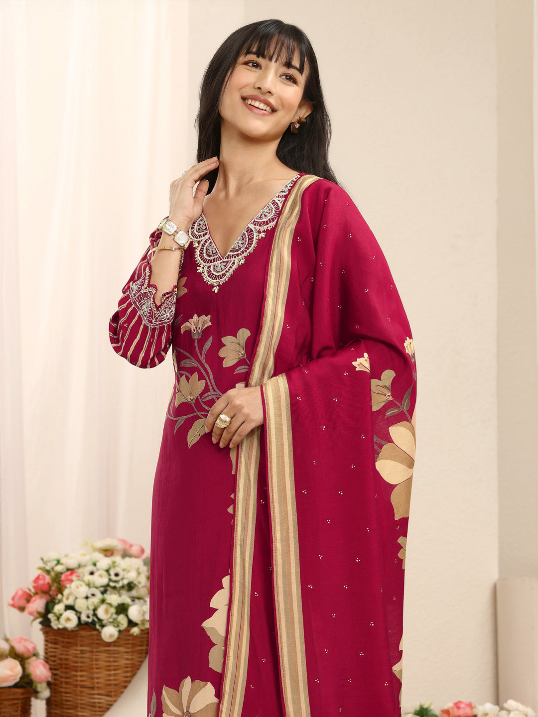 Red Floral Printed Silk Blend Straight Suit Set With Dupatta