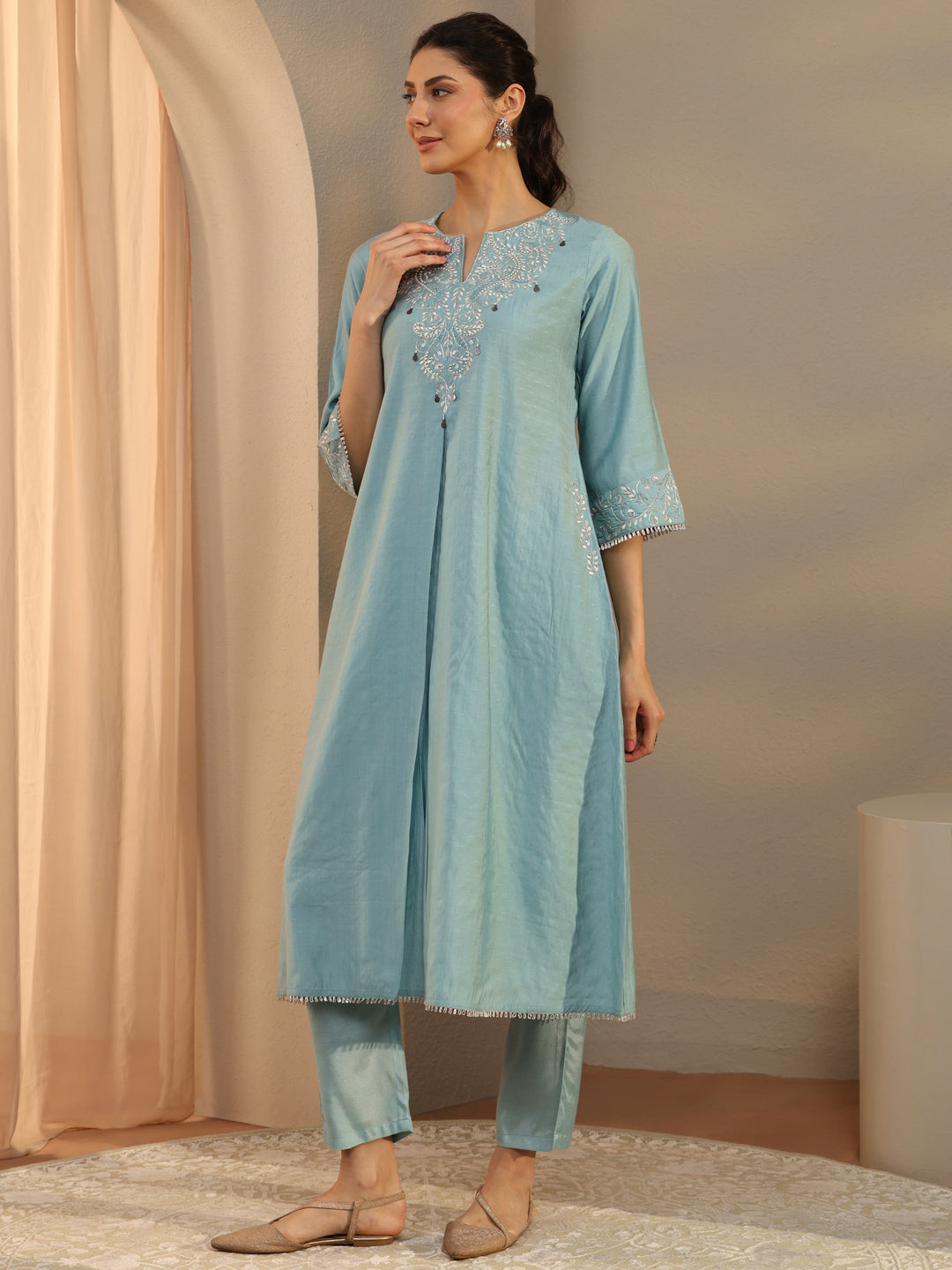 Blue Ethnic Motif Embroidered Silk Blend A-Line Suit Set With Dupatta