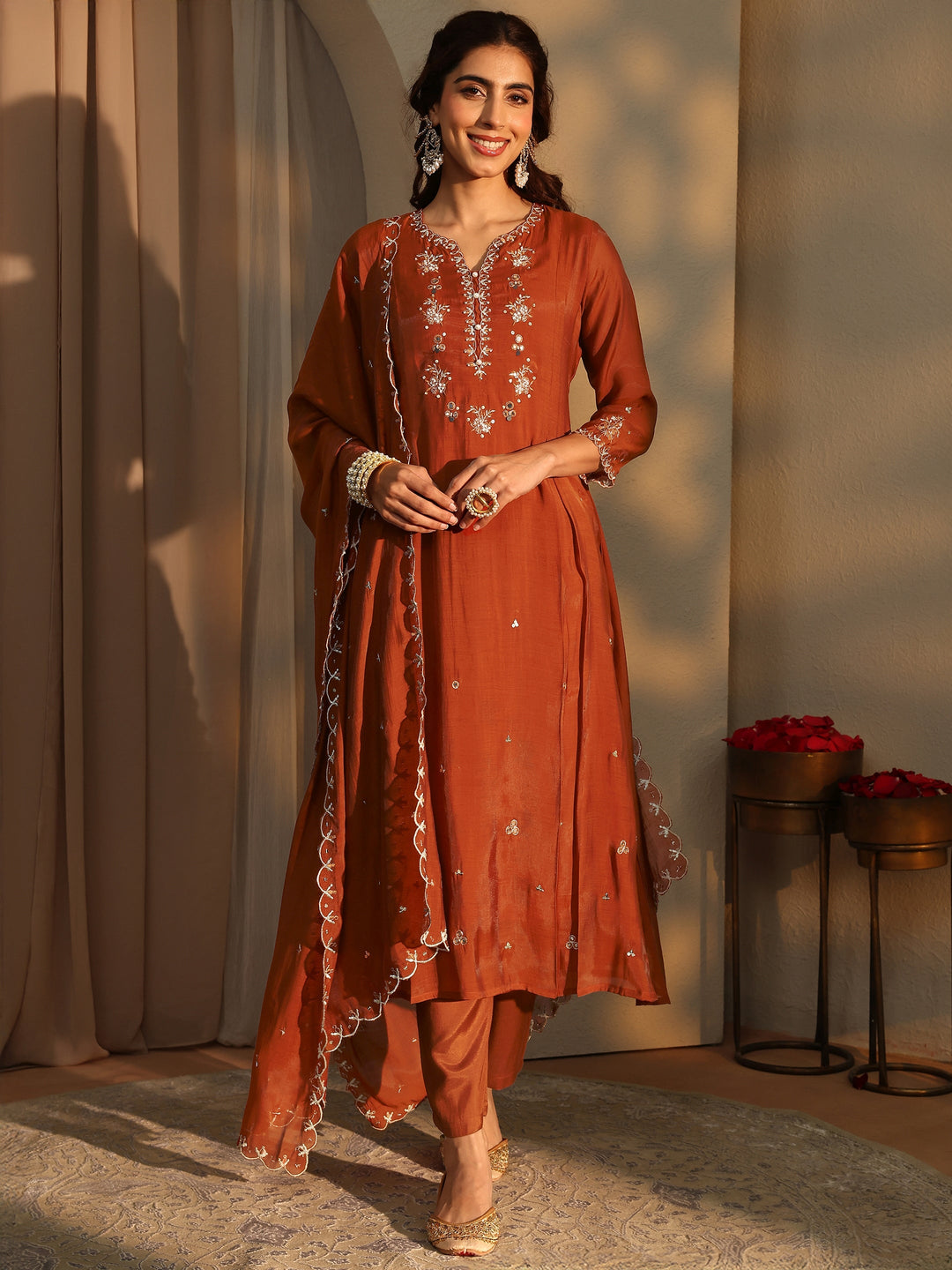 Orange Floral Embroidered Silk Blend A-Line Suit Set With Dupatta