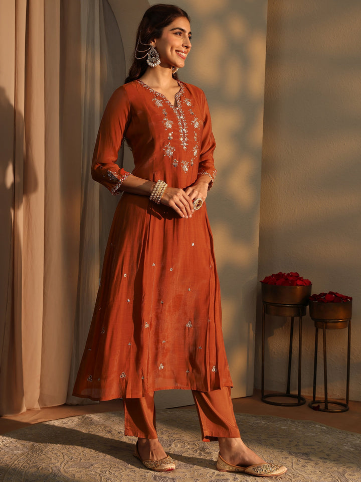 Orange Floral Embroidered Silk Blend A-Line Suit Set With Dupatta