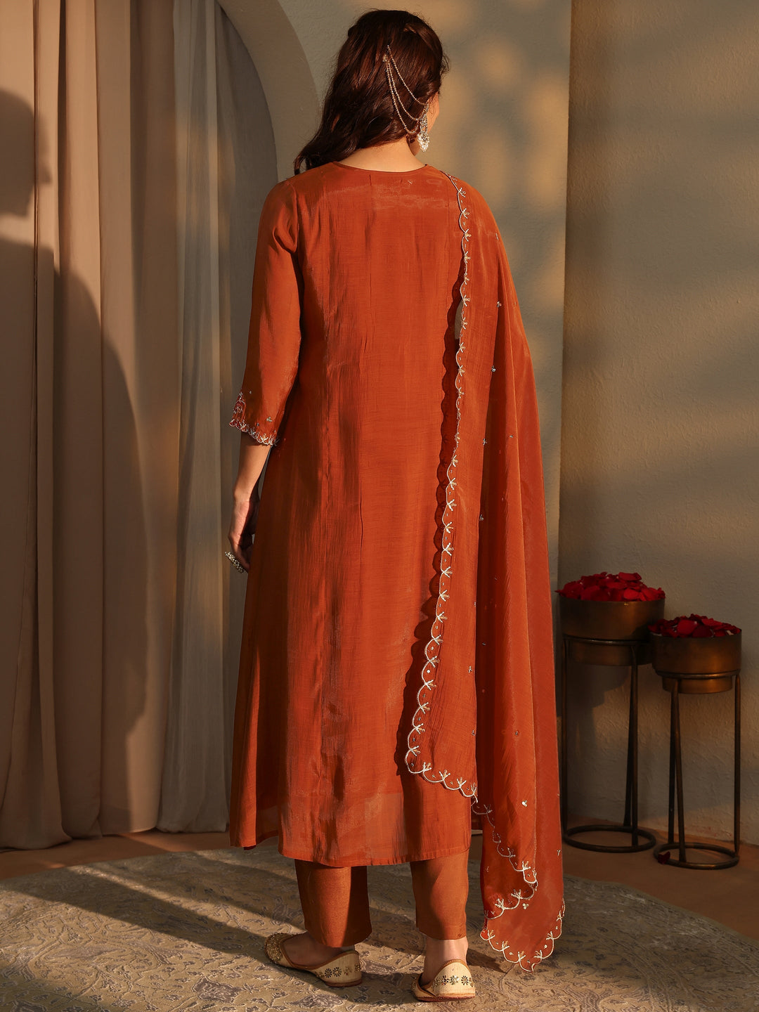 Orange Floral Embroidered Silk Blend A-Line Suit Set With Dupatta