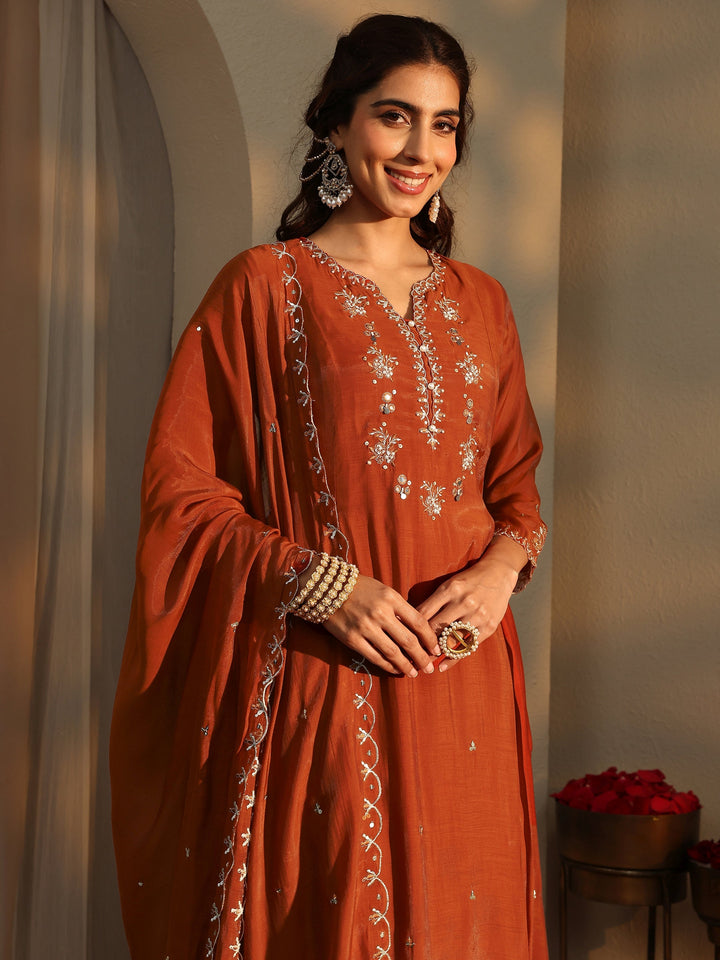 Orange Floral Embroidered Silk Blend A-Line Suit Set With Dupatta