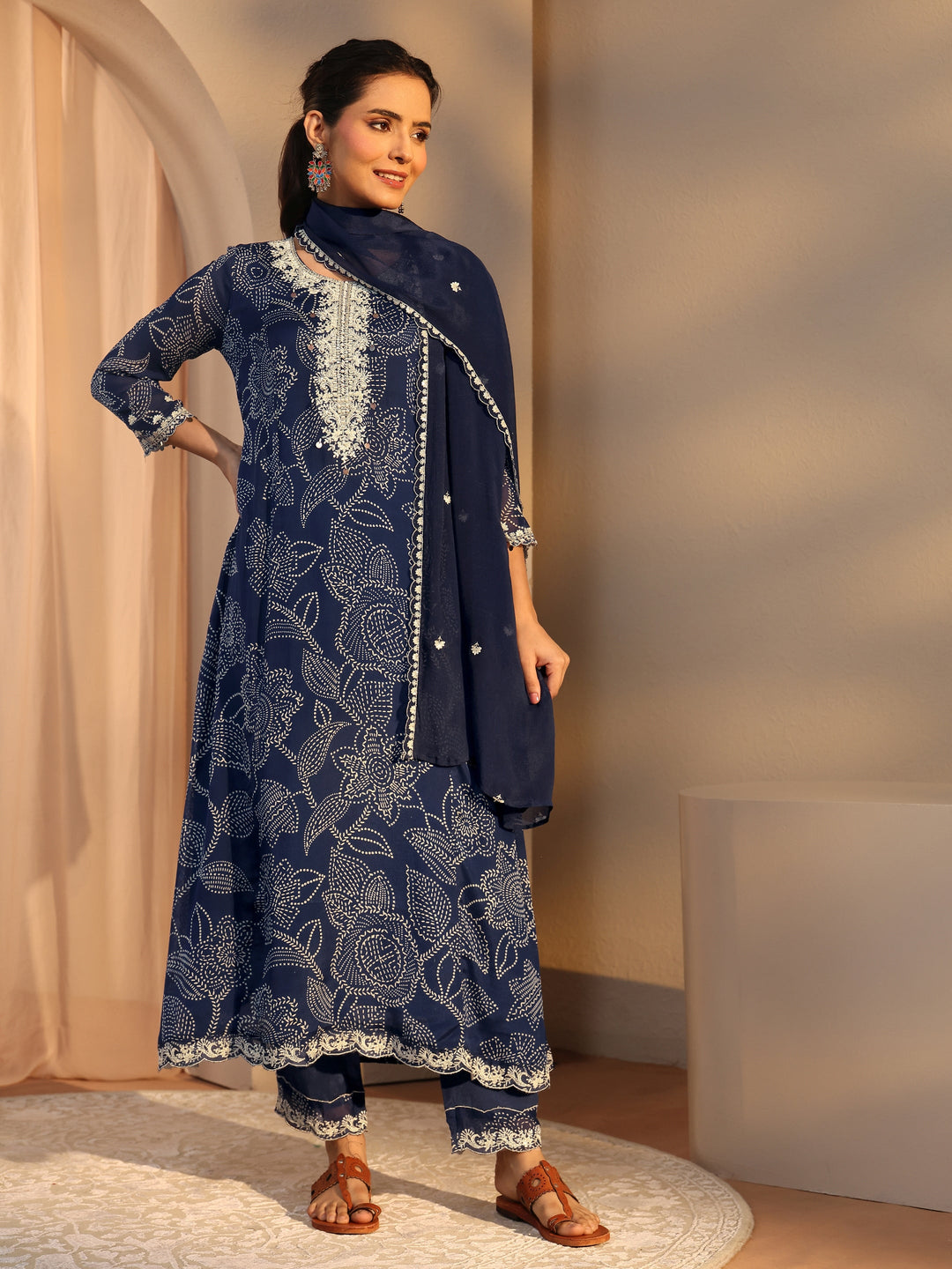 Blue Floral Printed Chinon A-Line Suit Set With Dupatta