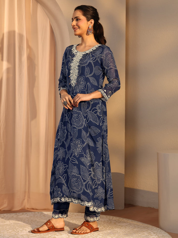 Blue Floral Printed Chinon A-Line Suit Set With Dupatta