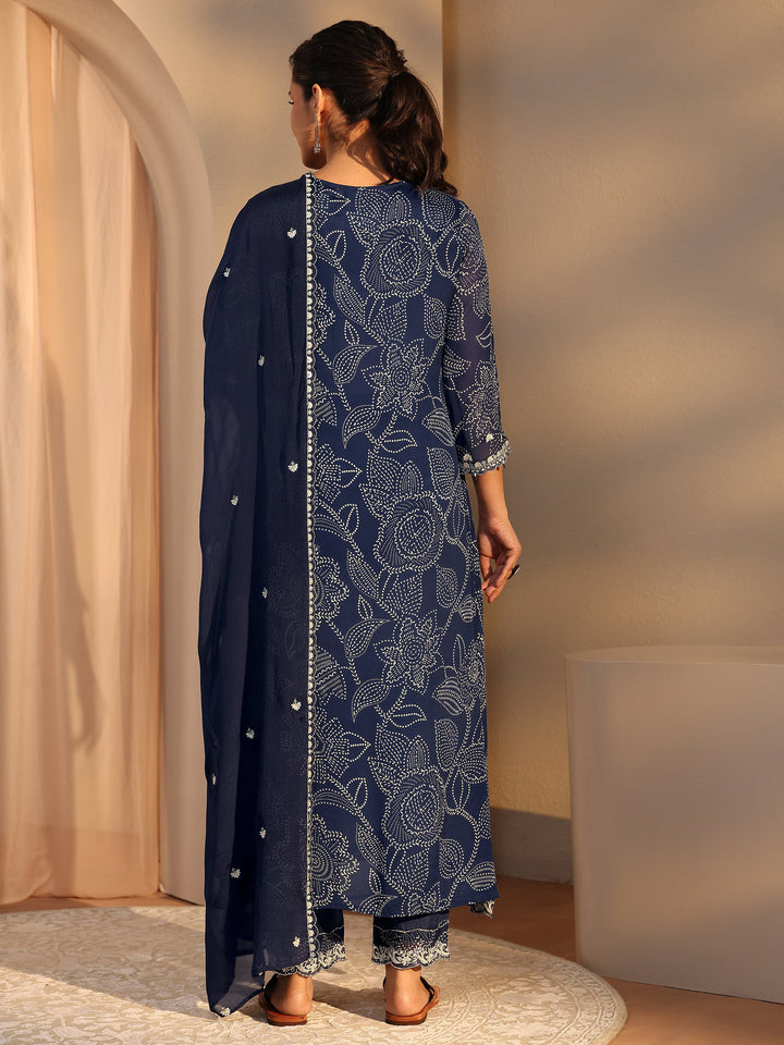 Blue Floral Printed Chinon A-Line Suit Set With Dupatta