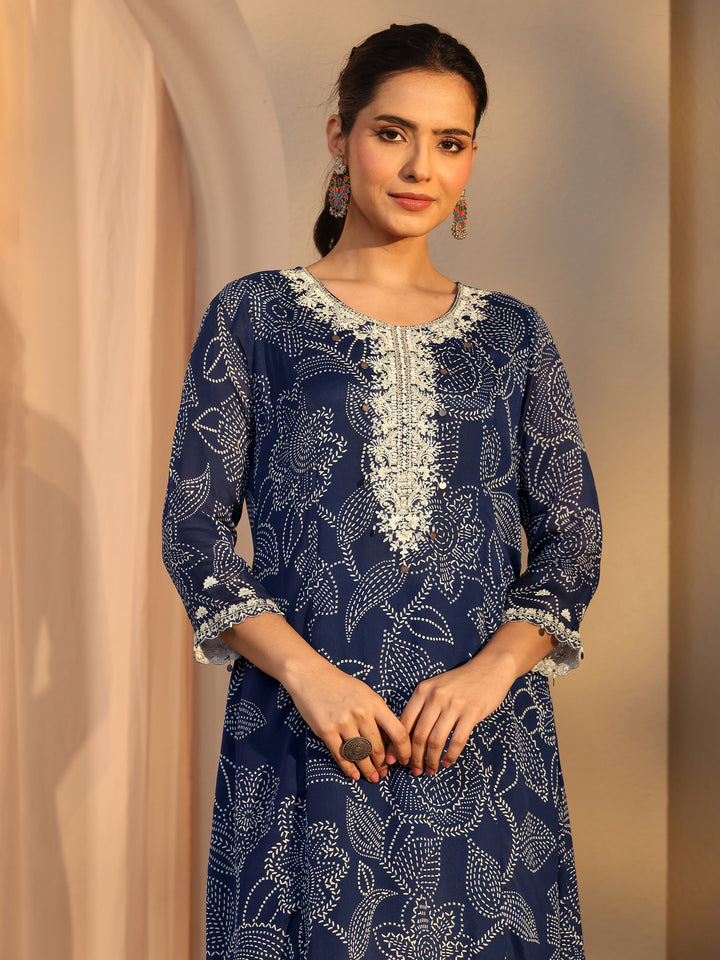 Blue Floral Printed Chinon A-Line Suit Set With Dupatta