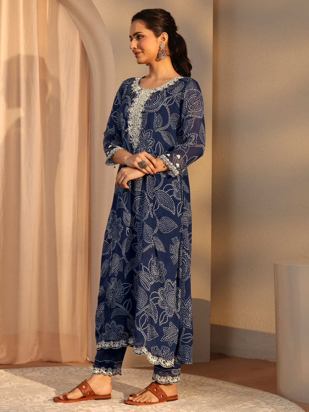 Blue Floral Printed Chinon A-Line Suit Set With Dupatta