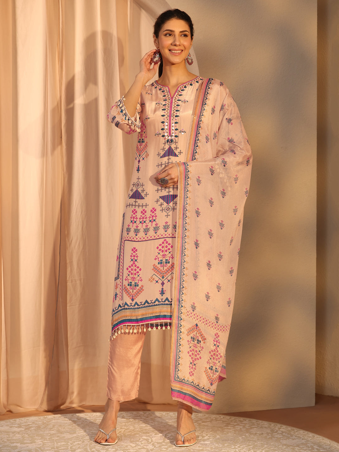 Beige Printed Crepe Straight Suit Set With Dupatta