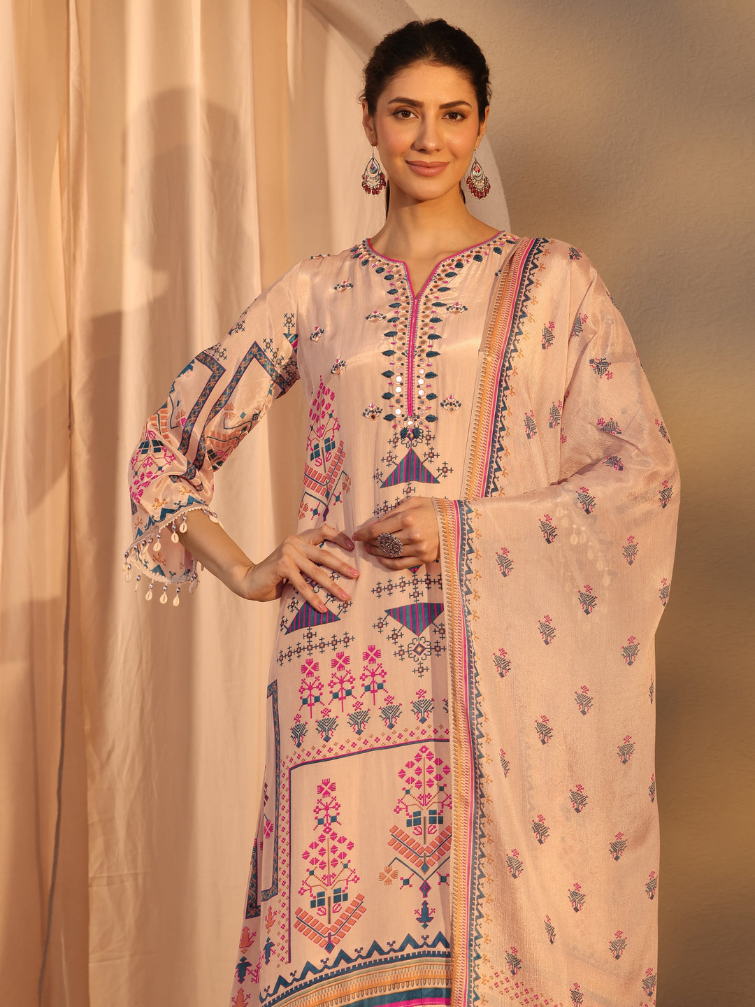 Beige Printed Crepe Straight Suit Set With Dupatta