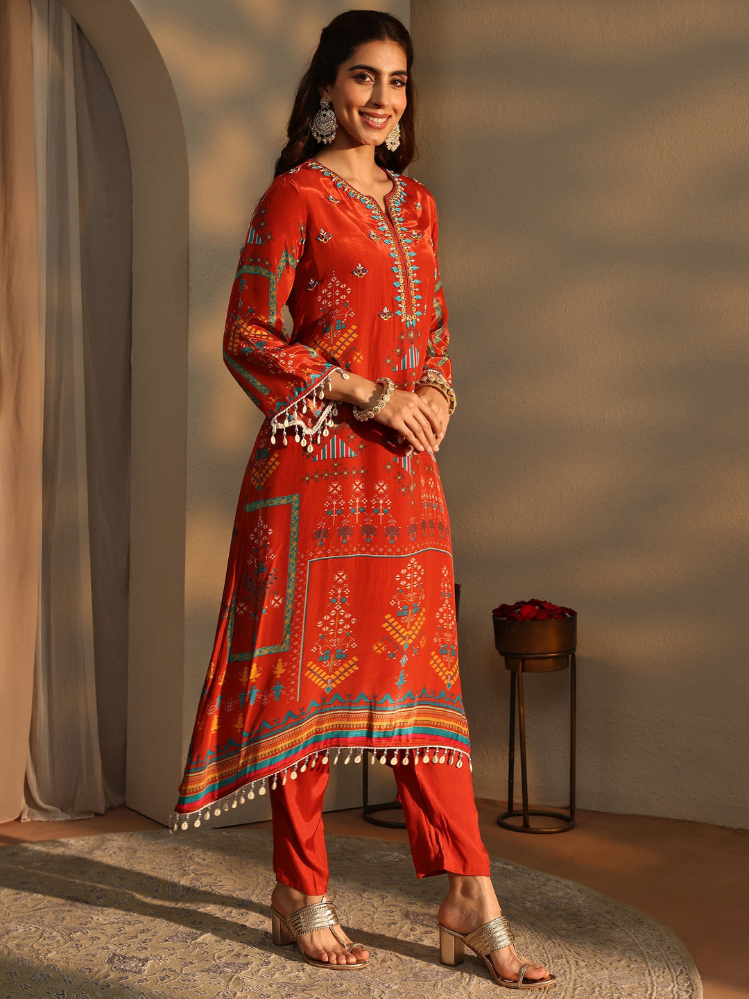 Orange Ethnic Motifs Printed Silk Crepe Straight Suit Set With Dupatta