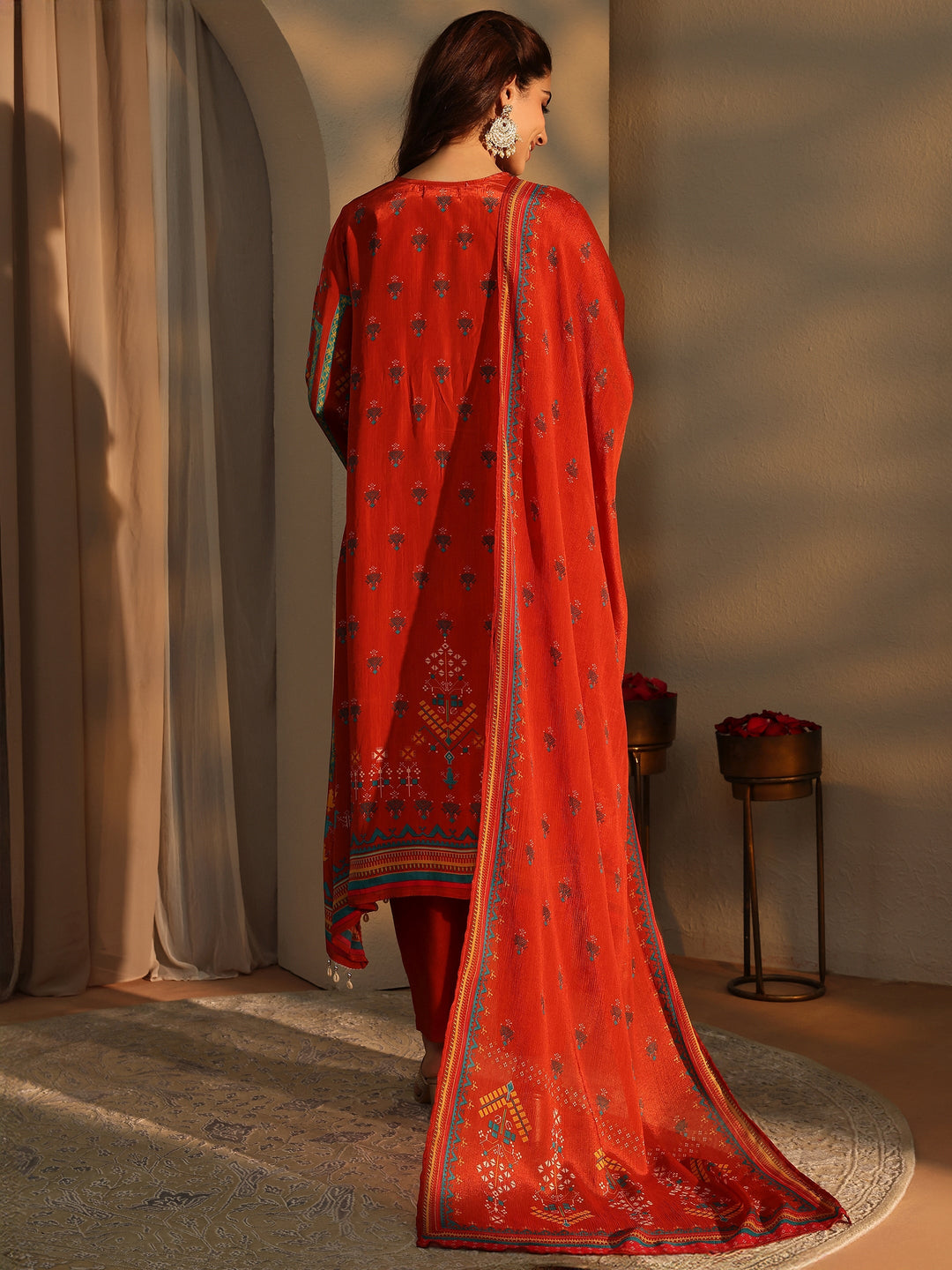 Orange Ethnic Motifs Printed Silk Crepe Straight Suit Set With Dupatta