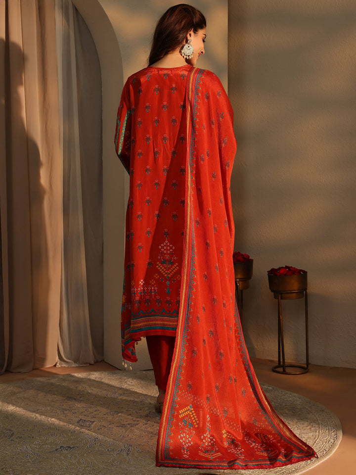 Orange Ethnic Motifs Printed Silk Crepe Straight Suit Set With Dupatta
