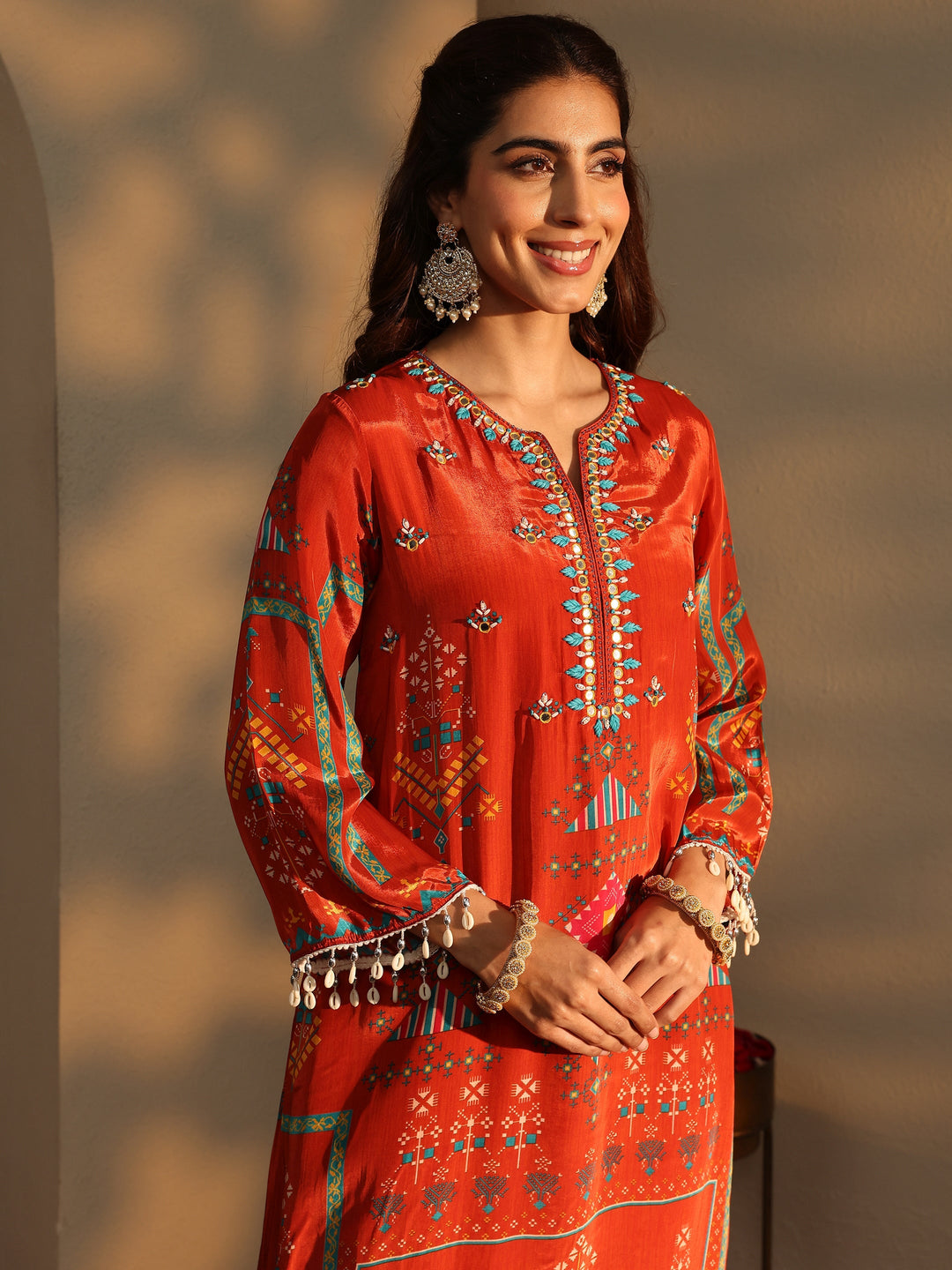 Orange Ethnic Motifs Printed Silk Crepe Straight Suit Set With Dupatta