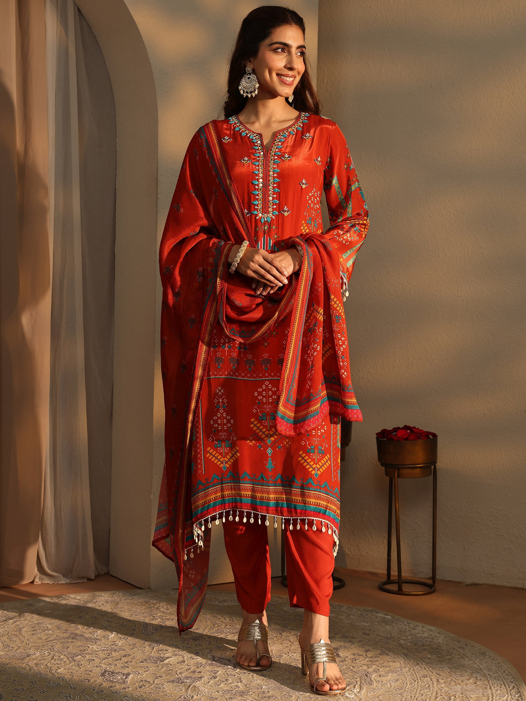 Orange Ethnic Motifs Printed Silk Crepe Straight Suit Set With Dupatta