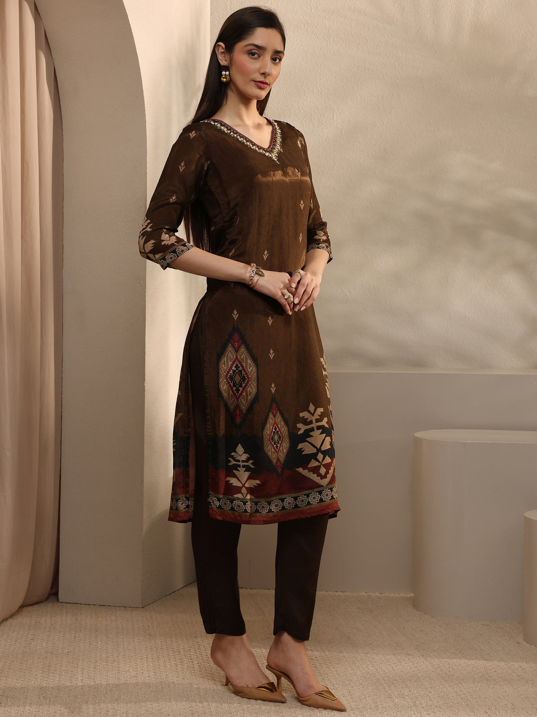 Brown Printed Crepe Straight Suit Set With Dupatta