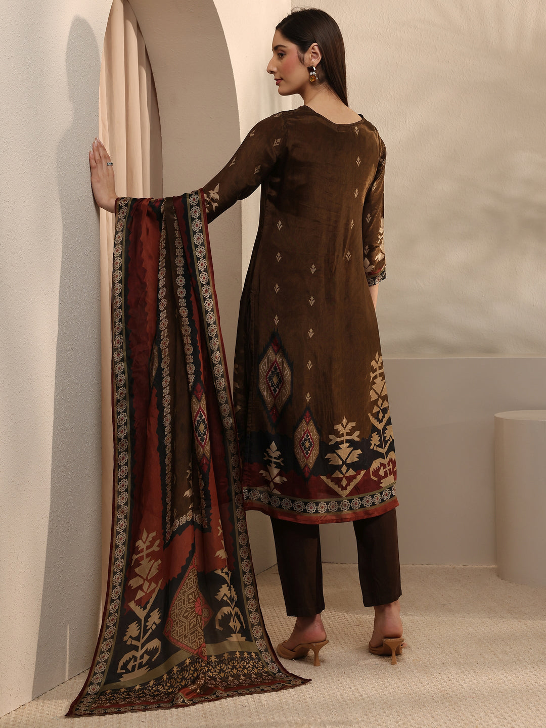 Brown Printed Crepe Straight Suit Set With Dupatta