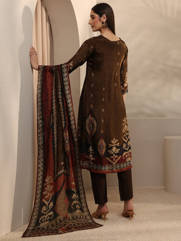 Brown Printed Crepe Straight Suit Set With Dupatta