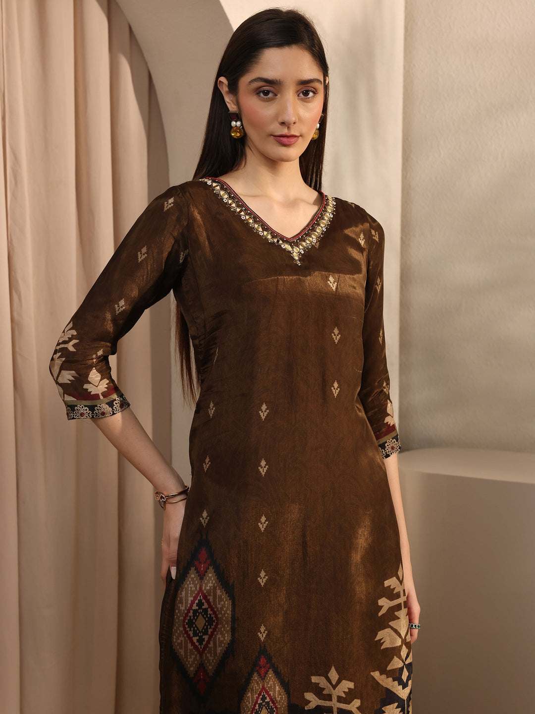 Brown Printed Crepe Straight Suit Set With Dupatta