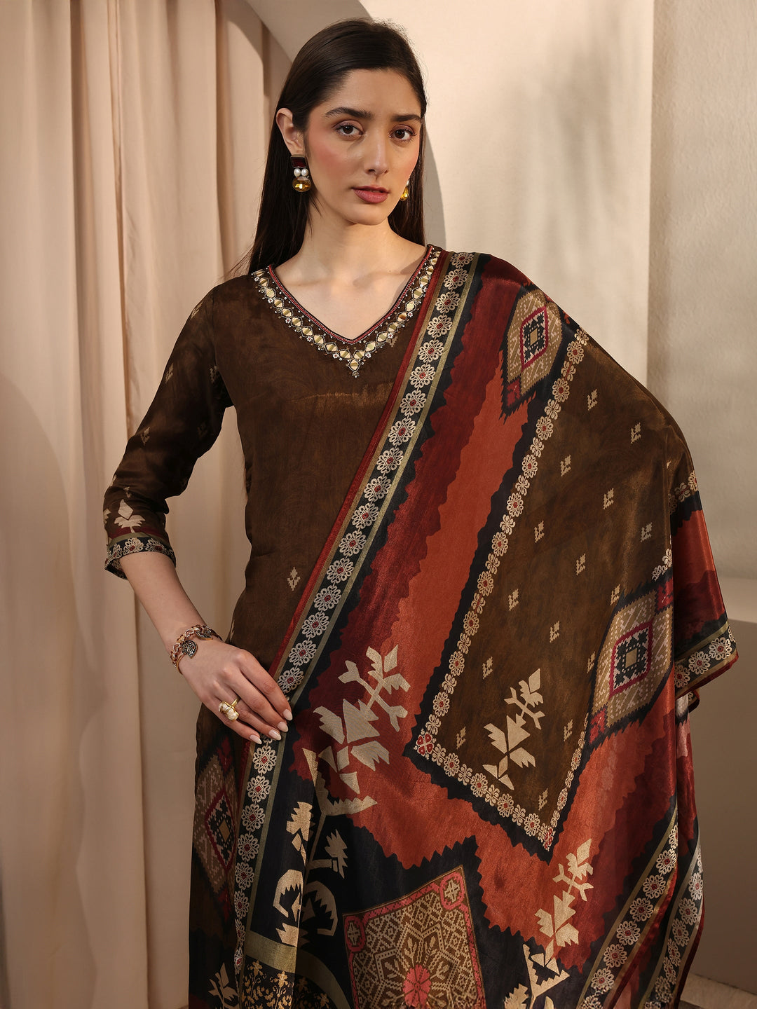 Brown Printed Crepe Straight Suit Set With Dupatta