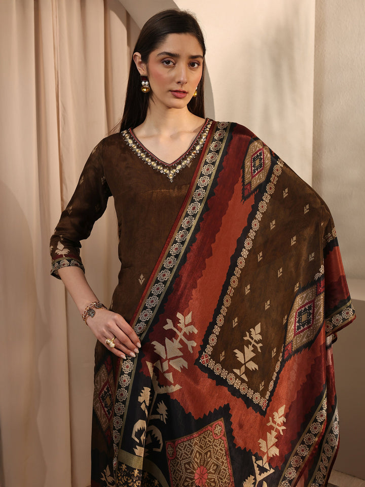 Brown Printed Crepe Straight Suit Set With Dupatta