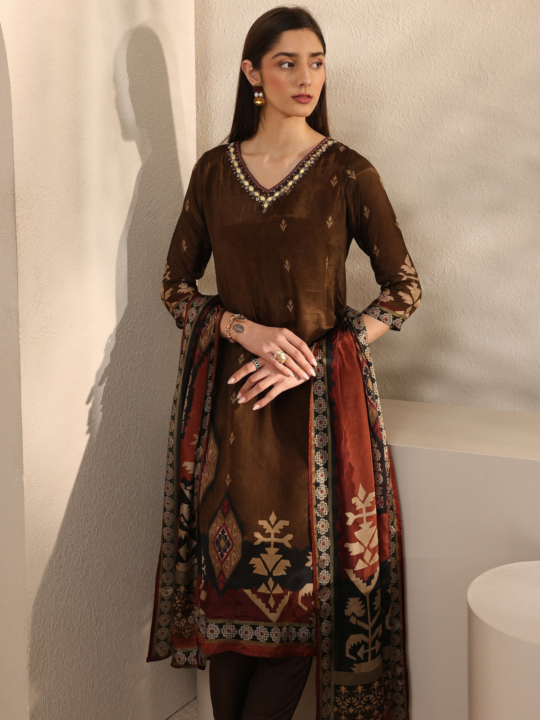 Brown Printed Crepe Straight Suit Set With Dupatta