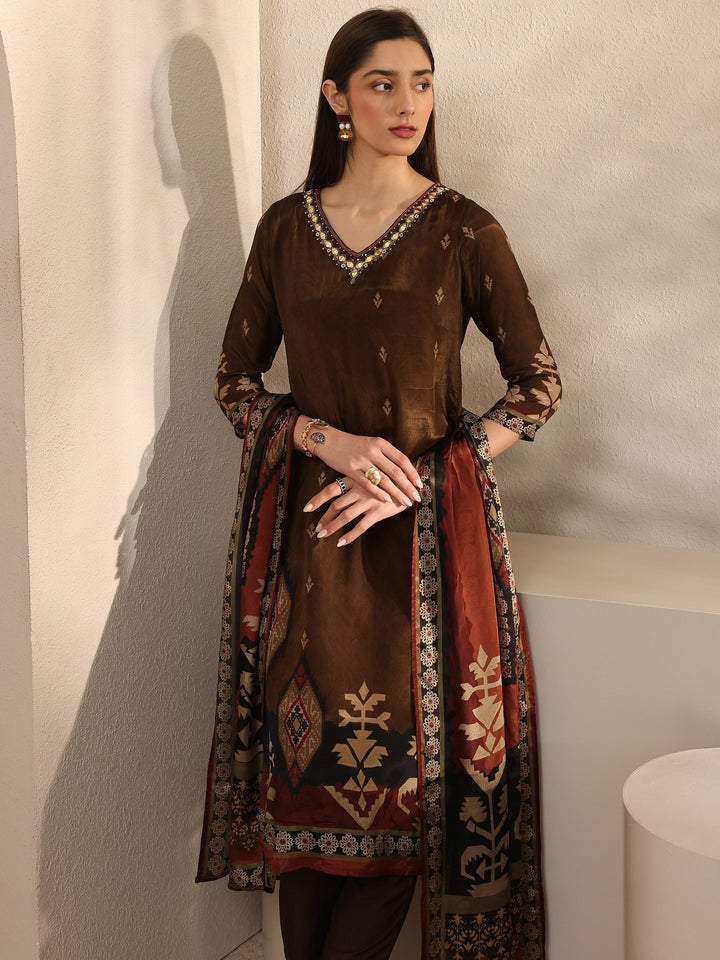 Brown Printed Crepe Straight Suit Set With Dupatta