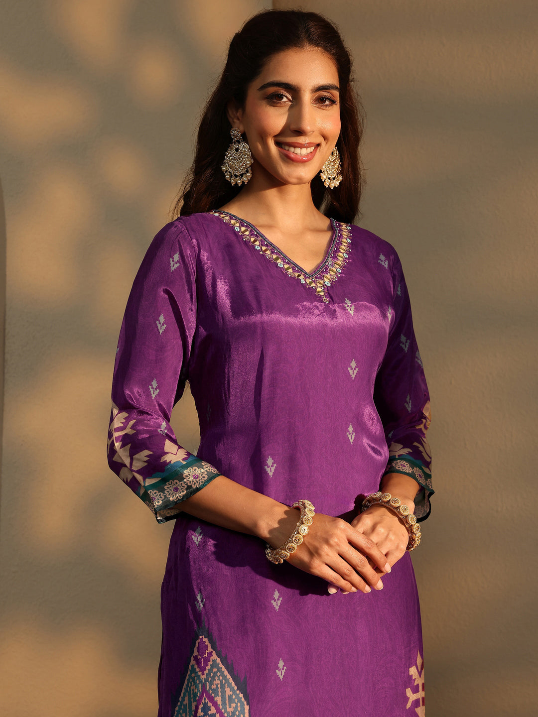 Pink Ethnic Motifs Printed Silk Crepe Straight Suit Set With Dupatta