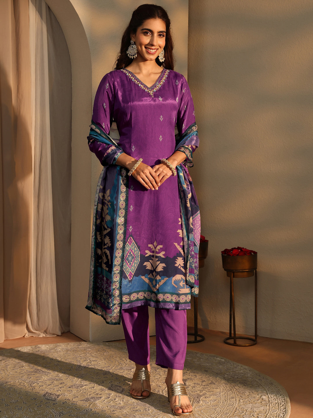 Pink Ethnic Motifs Printed Silk Crepe Straight Suit Set With Dupatta
