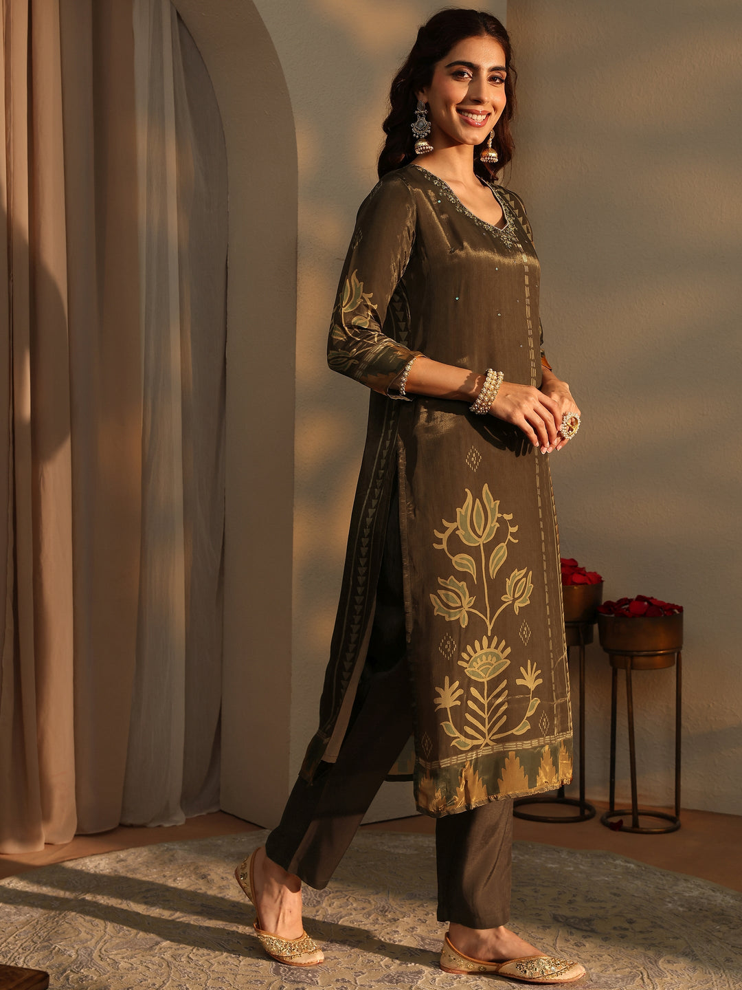Brown Ethnic Motifs Printed Silk Crepe Straight Suit Set With Dupatta