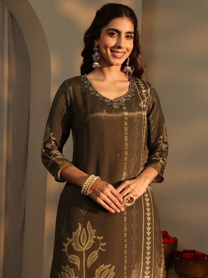 Brown Ethnic Motifs Printed Silk Crepe Straight Suit Set With Dupatta