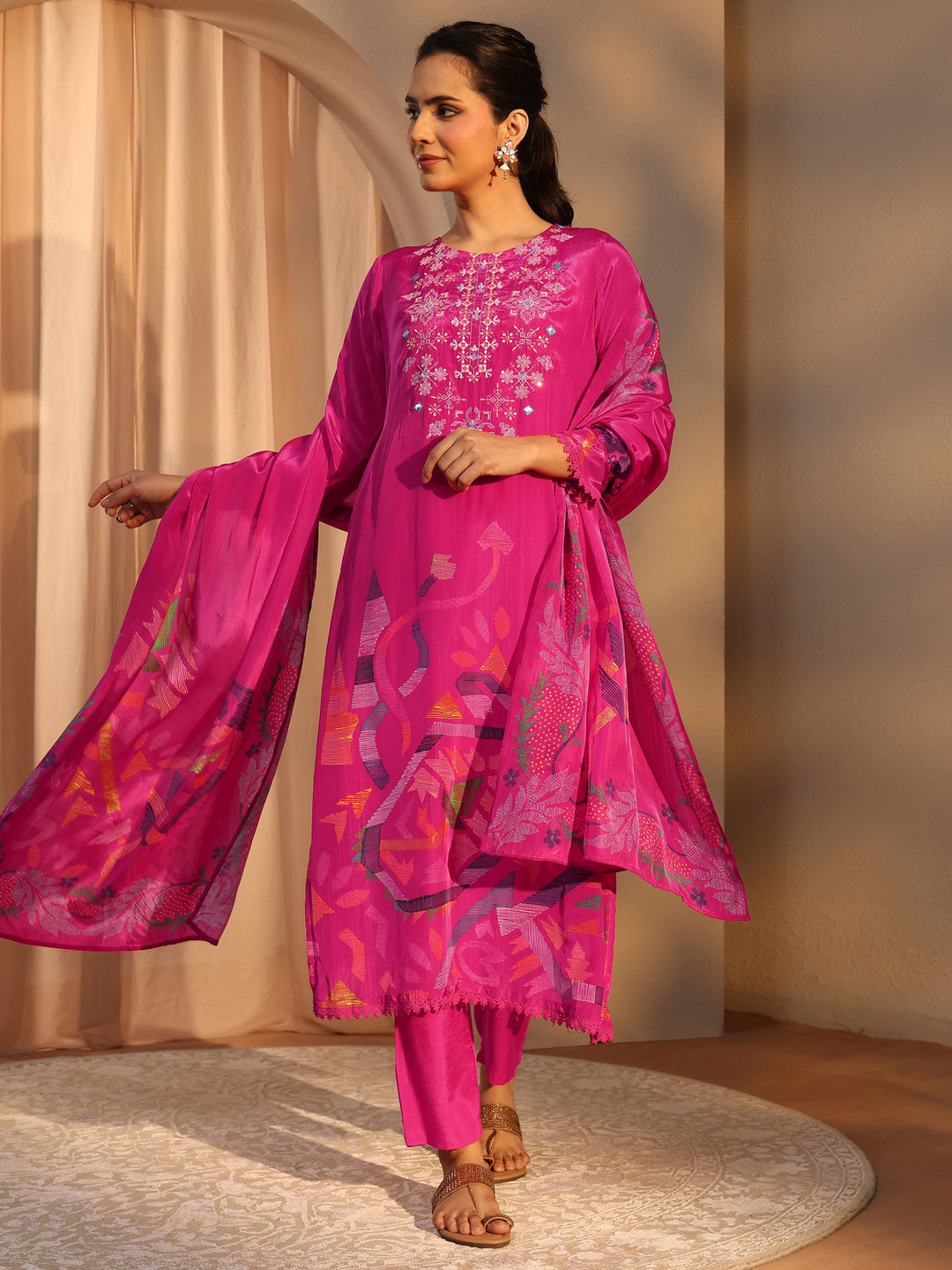 Pink Printed Crepe Straight Suit Set With Dupatta