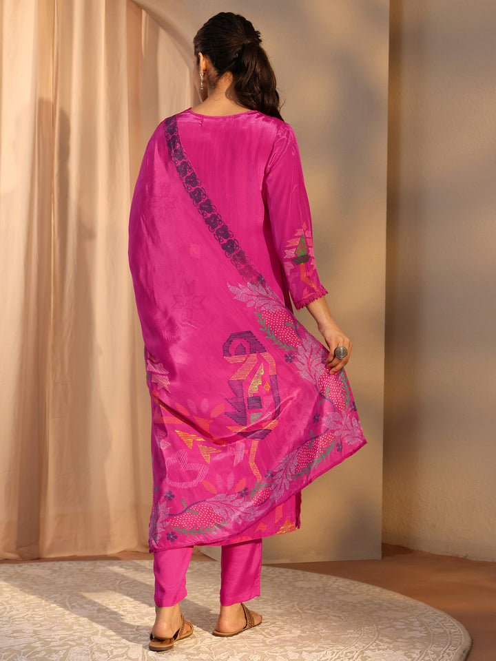Pink Printed Crepe Straight Suit Set With Dupatta