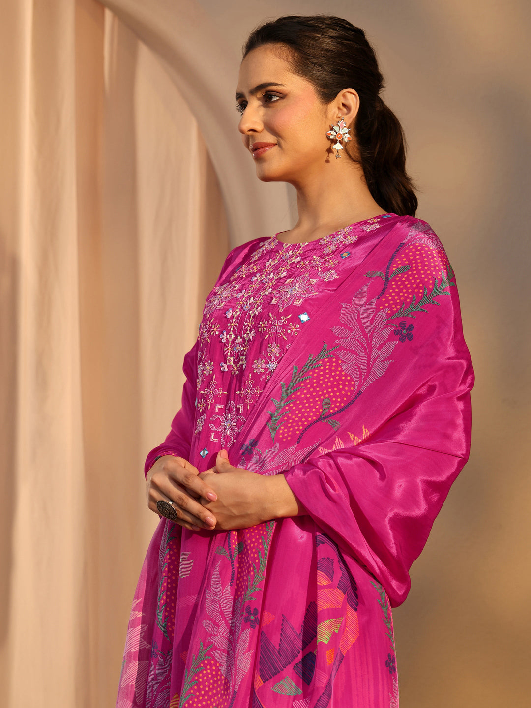 Pink Printed Crepe Straight Suit Set With Dupatta
