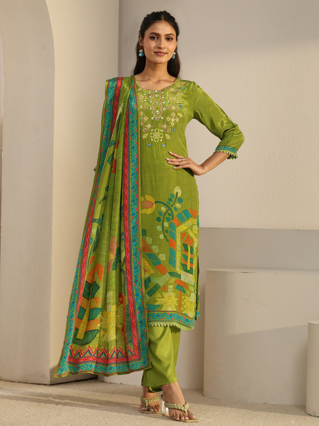 Libas Green Floral Printed Crepe Straight Suit Set