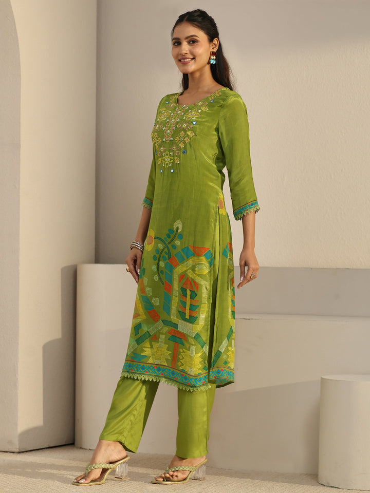 Libas Green Floral Printed Crepe Straight Suit Set