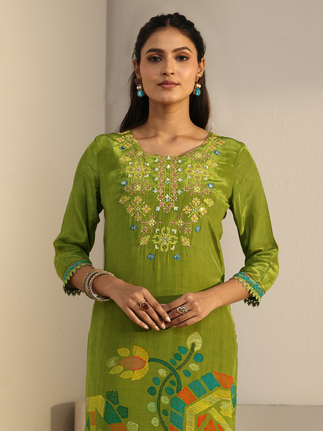 Libas Green Floral Printed Crepe Straight Suit Set