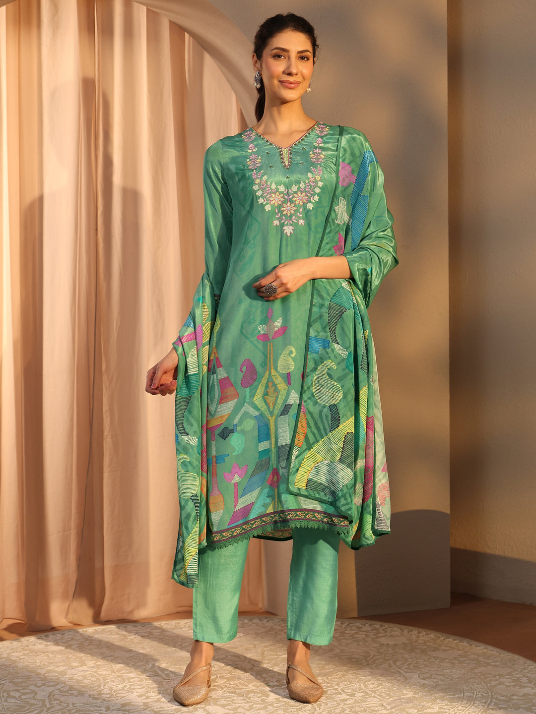 Green Printed Crepe Straight Suit Set With Dupatta