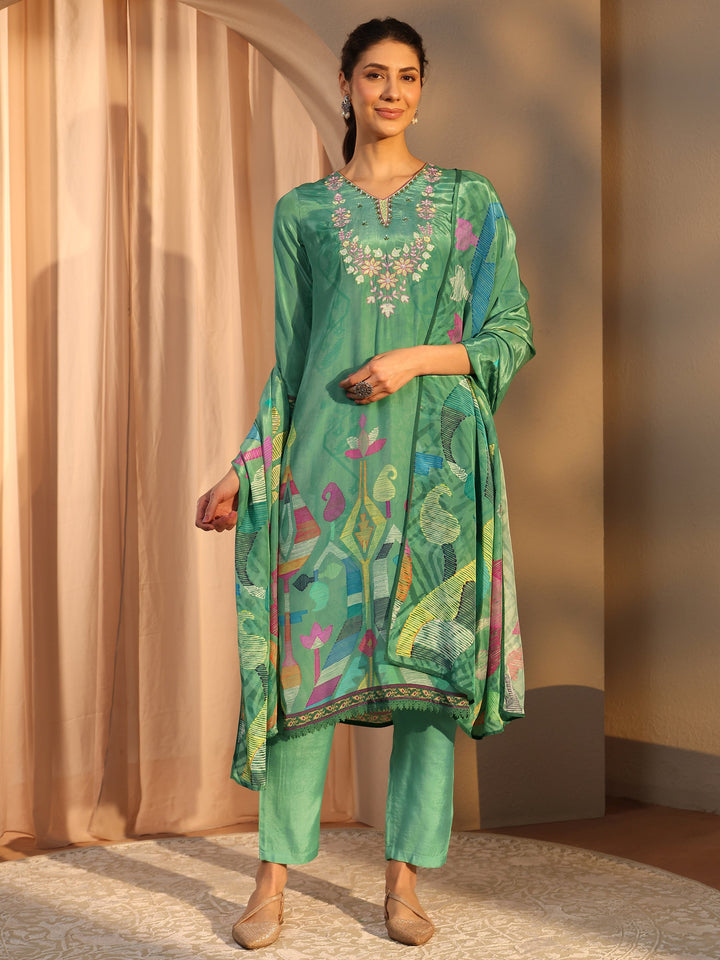 Green Printed Crepe Straight Suit Set With Dupatta
