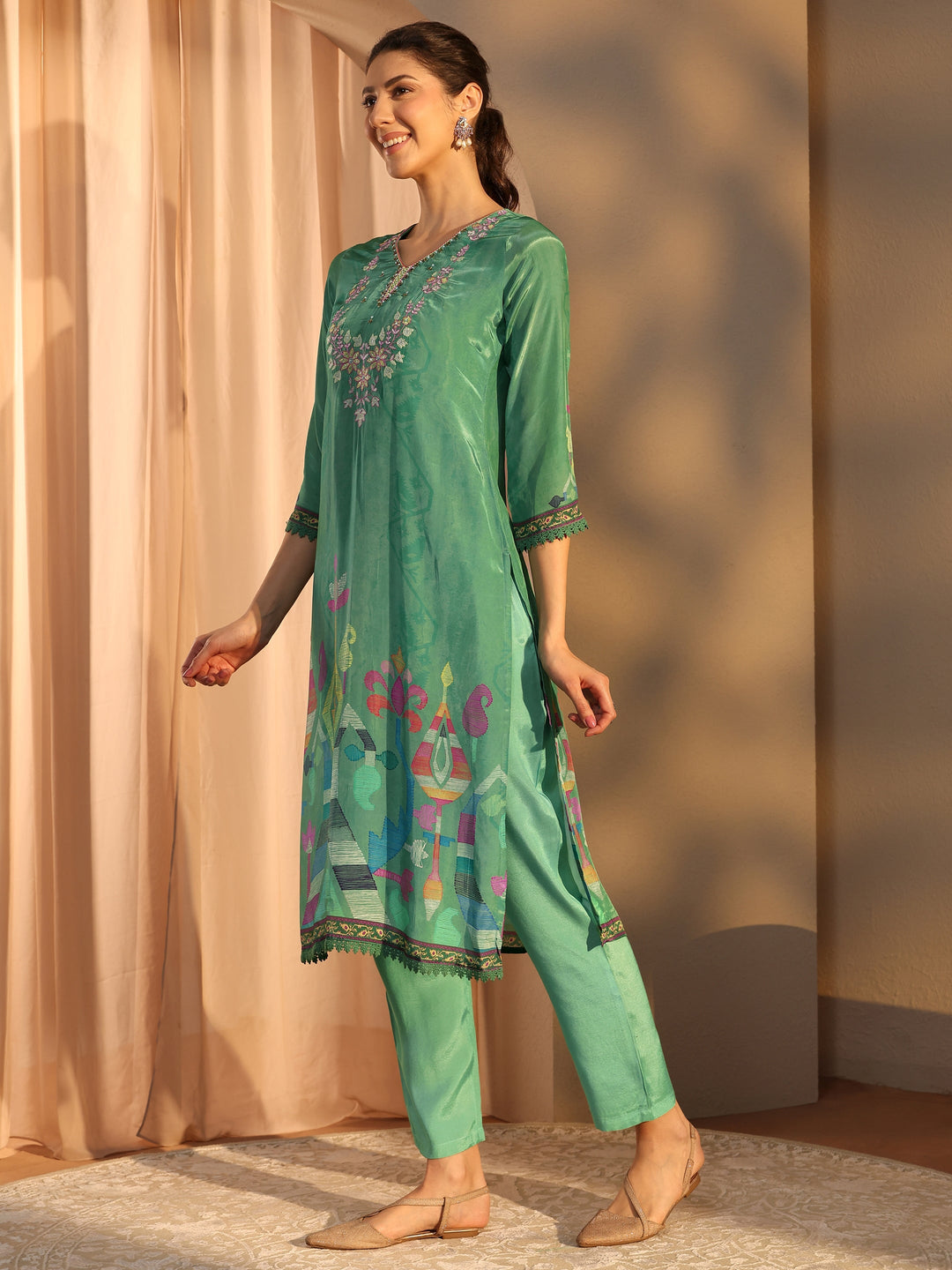 Green Printed Crepe Straight Suit Set With Dupatta