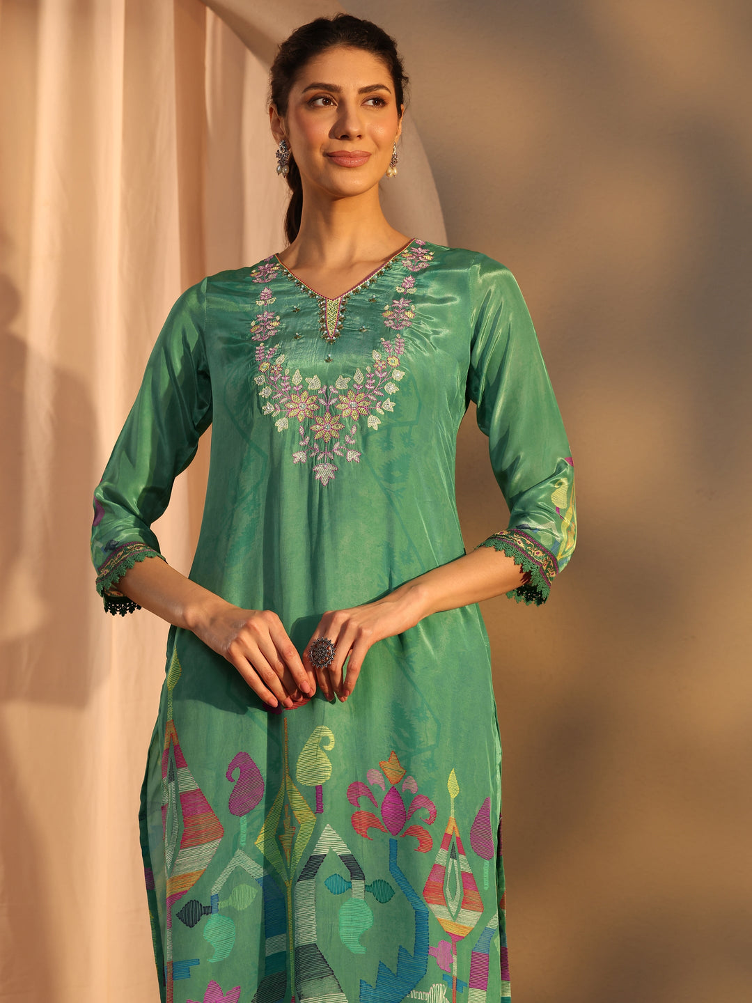 Green Printed Crepe Straight Suit Set With Dupatta