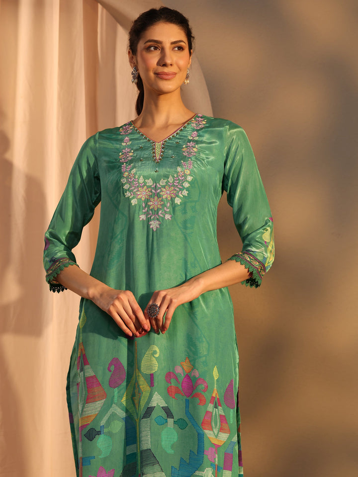 Green Printed Crepe Straight Suit Set With Dupatta