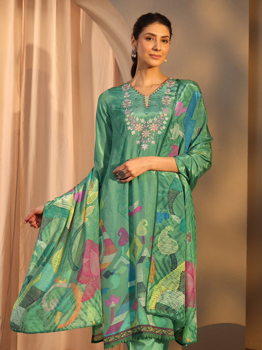 Green Printed Crepe Straight Suit Set With Dupatta