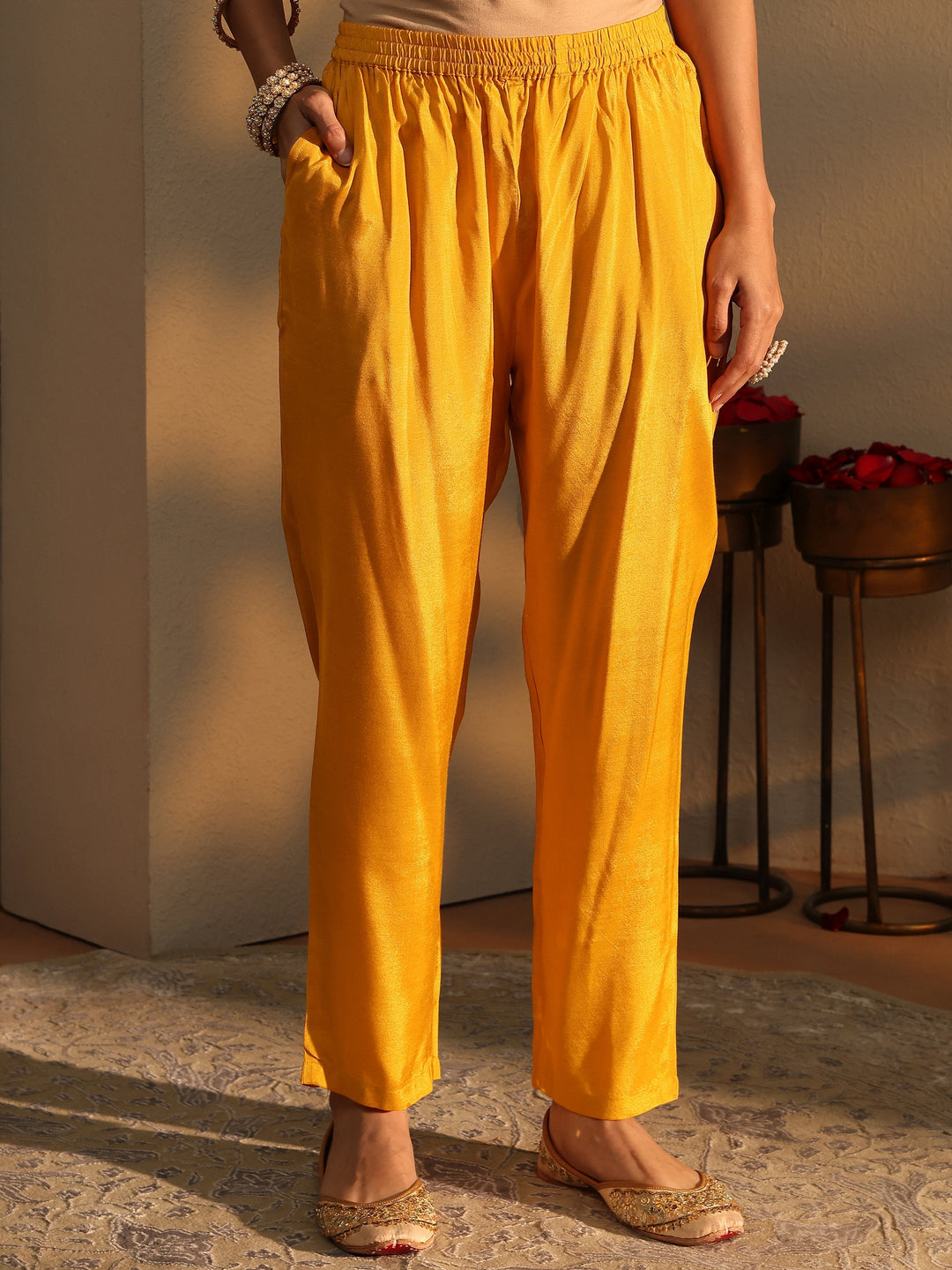 Mustard Floral Printed Silk Crepe Straight Suit Set With Dupatta