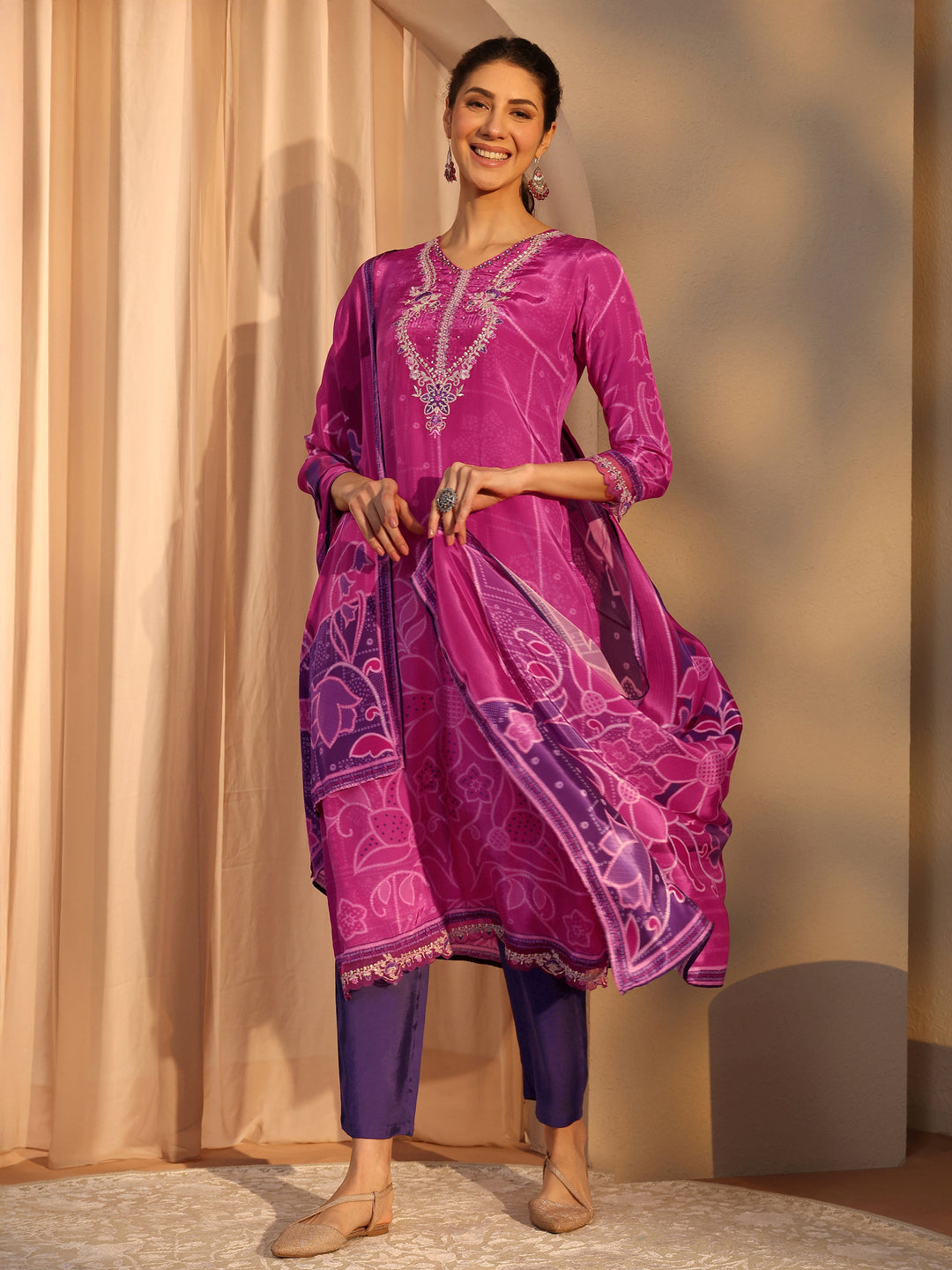 Pink Floral Printed Crepe Straight Suit Set With Dupatta